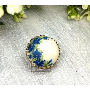 Vintage Gold-Tone Floral Porcelain Brooch With Hand-Painted Blue Flowers